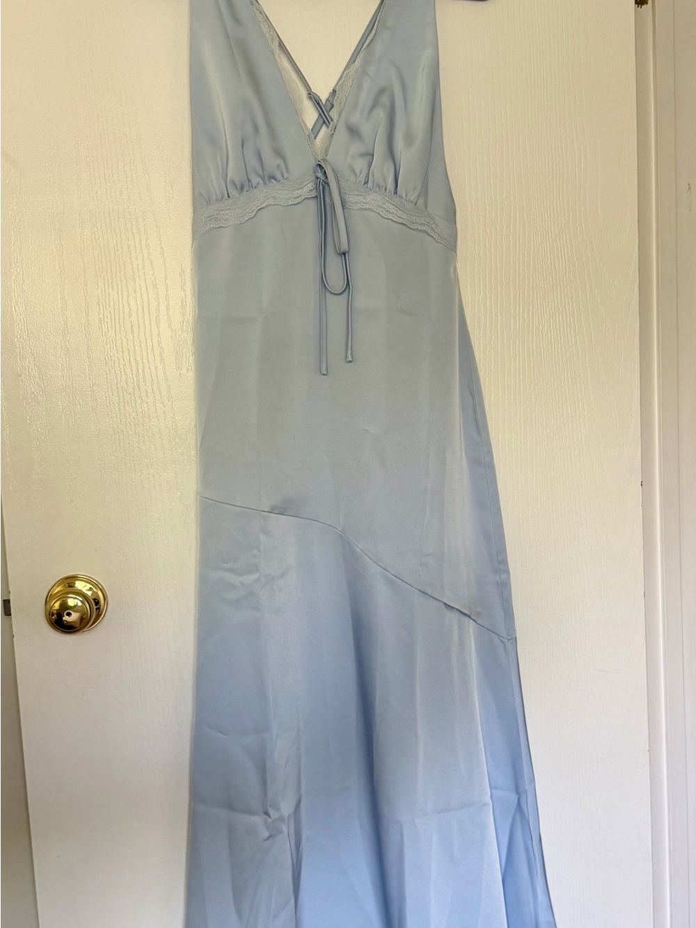 Sky Blue V-Neck Maxi Slip Dress with Lace Trim